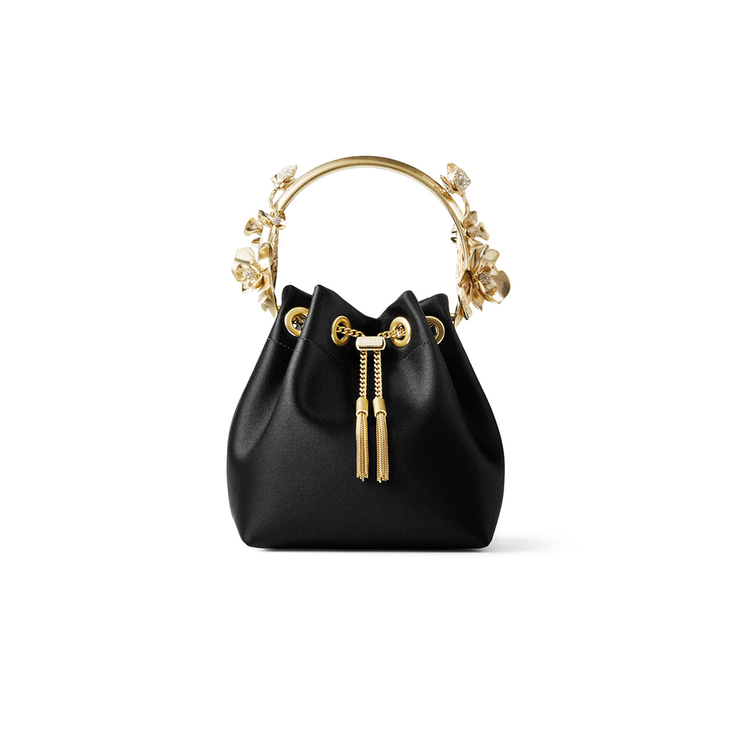 JIMM YCHOO BON BON BLACK SATIN BUCKET BAG WITH METAL FLOWERS BONBONIFE010003 (15*14*9.5cm)